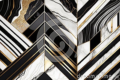 Modern abstract marbled background, marble mosaic. Agate stone texture, granite, jasper. Ornamental black white gold marble tiles Cartoon Illustration