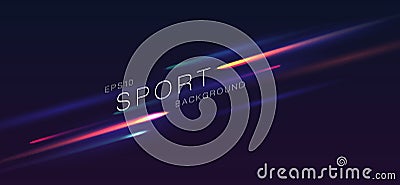 Modern abstract dynamic sport background with neon lights on dark backdrop. Night race advertising. Dynamic cover or Vector Illustration