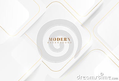 Modern abstract white and grey geometry shape background with golden light lines. Luxury and elegant shiny rounded square shape Vector Illustration