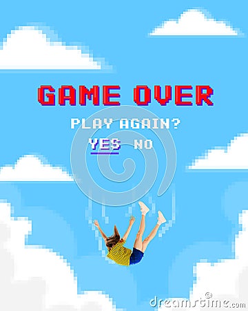 Modern aesthetic artwork. Game over. Young lady falling down as video-game character against cloudy sky. Pixeled design. Stock Photo