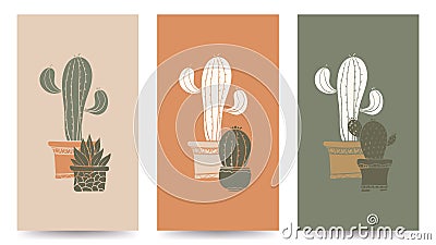 Modern aesthetic Cactus vector illustration, Summer Cacti With Abstract Shapes At Sand Color Background. Cartoon Illustration