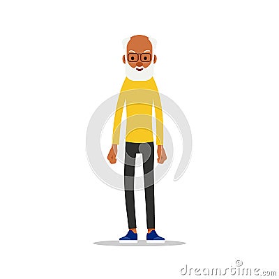 Modern african old man. Older black senior retired. Happy grandfather standing and smiling. Traditional retirement lifestyle. Vector Illustration