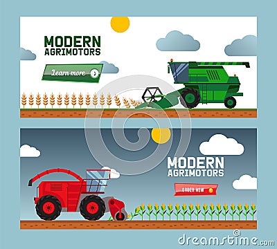 Modern agricultural machine harvest crop, combine, truck, flat vector illustration. Online business, order now, buy Vector Illustration