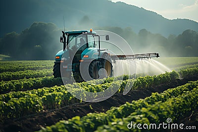 Modern agricultural tractor effectively spraying pesticides on a healthy and vibrant vegetable field Stock Photo