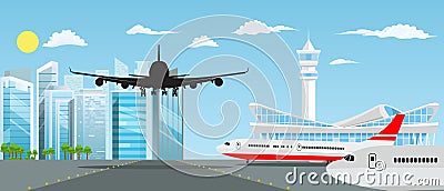 Airport building and planes with nice cityscape in background. Vector illustration. Vector Illustration