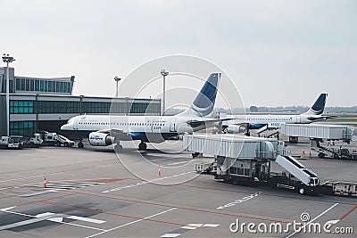 modern airport terminal with passenger jets parked on the tarmac Stock Photo