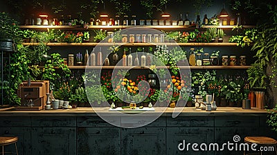 Modern alchemists kitchen with herbs hanging and potion bottles3D render Stock Photo
