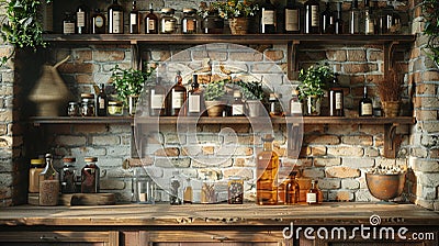 Modern alchemists kitchen with herbs hanging and potion bottles3D render Stock Photo