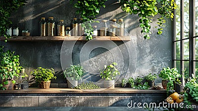 Modern alchemists kitchen with herbs hanging and potion bottles3D render Stock Photo