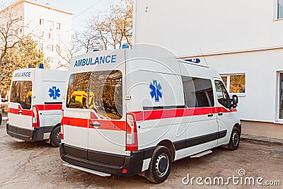 Modern ambulance. The back door of the ambulance. Cars stand ready for departure Editorial Stock Photo