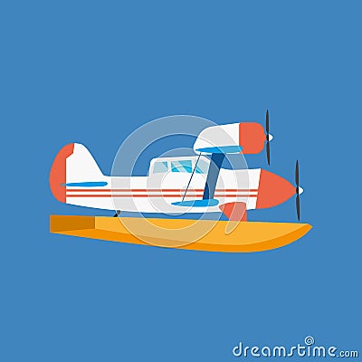 Modern amphibian seaplane floating in air and floating on water. Vector Illustration