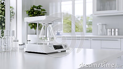 Modern analytical balance precisely measures a liquid sample in a pristine laboratory setting, emphasizing accuracy and Stock Photo