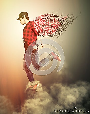 Modern angel boy with wings walking on the clouds. Youth power Cartoon Illustration