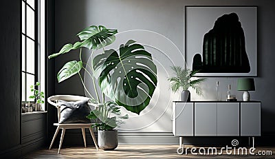 Modern apartment with comfortable wood furniture and plants generated by AI Stock Photo
