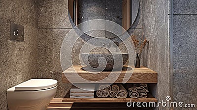 Modern apartment interior, elegant bathroom with gray stone sink, wooden shelf and wall-mounted toilet. Interior design Stock Photo