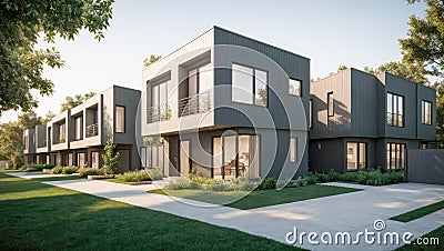 Modern apartments residential townhouses. Street with modern modular private townhouses. Appearance of residential architecture Stock Photo