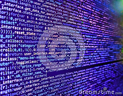 Modern application Source abstract algorithm concept. Screen of web developing code on dark background. Front-end applications in Stock Photo