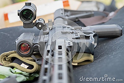 Modern AR15 rifle with a sight aim Stock Photo