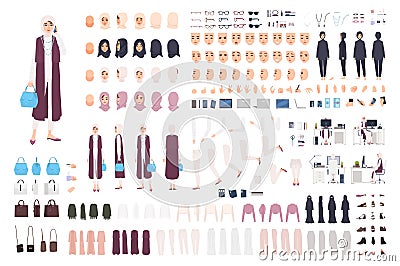 Modern Arab business woman constructor or creation kit. Bundle of female office worker body parts, facial expressions Vector Illustration