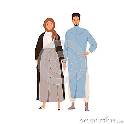 Modern Arab love couple of man and woman in fashion casual clothes. Portrait of Muslim male in tunic and female in hijab Vector Illustration