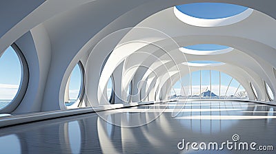 Modern architectural design of a white curved structure with reflective floors. Stock Photo