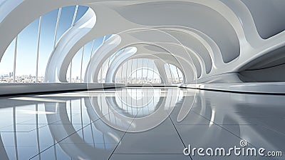Modern architectural design of a white curved structure with reflective floors. Stock Photo
