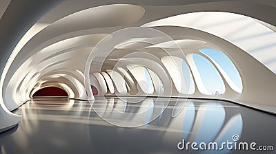 Modern architectural design of a white curved structure with reflective floors. Stock Photo