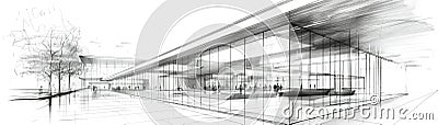 Modern architectural sketch showcasing sleek, glass fronted building with open spaces and surrounding trees, emphasizing Stock Photo
