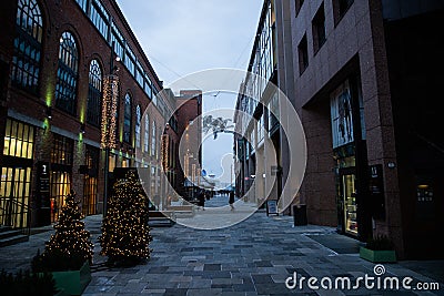 Modern architecture of the city of Oslo Norway during the winter with Christmas decoration in the snow-covered center Editorial Stock Photo