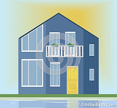 Modern architecture facade of a blue house. Vector illustration sunset background Vector Illustration