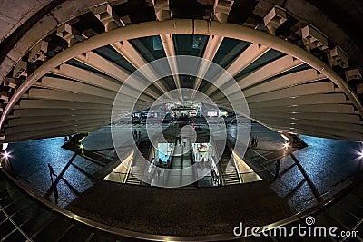 The modern architecture of the Portuguese station Oriente in the city of Lisbon. Structures made of glass and con Editorial Stock Photo