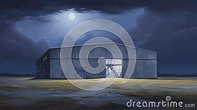 Modern architecture of rectangular steel hangar warehouse building against background of night sky with clouds. Stock Photo