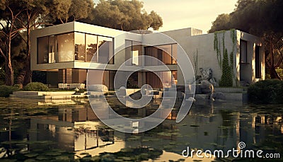 Modern architecture reflects in the night pool, built with elegance generated by AI Stock Photo