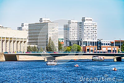 Modern architecture of Wroclaw, Poland, modern Europe, floating boats along the river, river banks in the city center Stock Photo