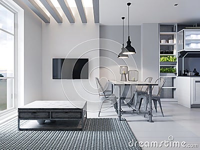 Modern area with a TV in a studio apartment with a loft style kitchen in white color. Designer dining table, modern kitchen and Stock Photo