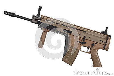 Modern army assault rifle with folded stock isolated on a white Stock Photo