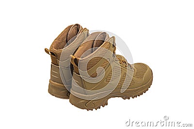 Modern army combat boots. New desert beige shoes. Isolate on a white back Stock Photo