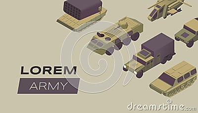 Modern army flat banner vector template. Military service poster design idea with armored combat vehicles. Special Vector Illustration