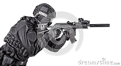 Modern army soldier, police SWAT member on white Stock Photo