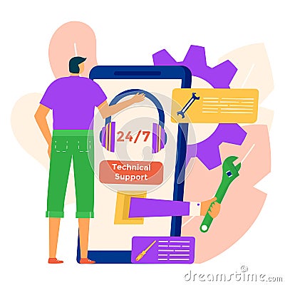 Modern around the clock online technical support, tiny male user character remote assistance flat vector illustration Cartoon Illustration