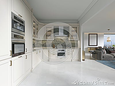 Modern art deco kitchen with classic elements. Glass facade and built-in appliances. Interior in beige colors Stock Photo