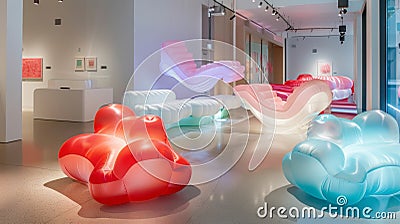 A modern art exhibit showcasing an array of abstract 3D inflatable sculptures displaying a blend of playful and elegant Stock Photo
