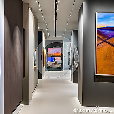 A modern art gallery-inspired hallway with large abstract paintings, track lighting, and sculpture displays4 Stock Photo