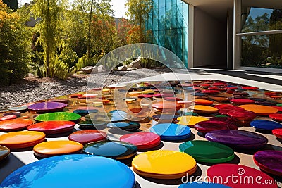 modern art installation with stepping stones, metal sculptures, and vibrant colors Stock Photo