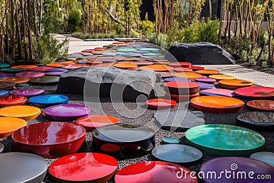 modern art installation with stepping stones, metal sculptures, and vibrant colors Stock Photo