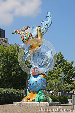 A modern Art Mermaid sculpture in the city centre with buildings in the background, Saint Nazaire, Loire Atlantique, France. Editorial Stock Photo