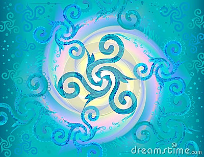 Modern art mural wallpaper with ancient triple spiral. Celtic triskele symbol ornament. Fantasy background with abstract Nordic Vector Illustration