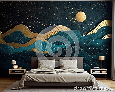 Modern art mural wallpaper night landscape with dark turquoise mountns and dark black background. Cartoon Illustration