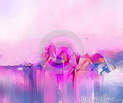 Modern art oil paintings for background. Semi- abstract image of flowers, in yellow pink and red with blue color. Stock Photo