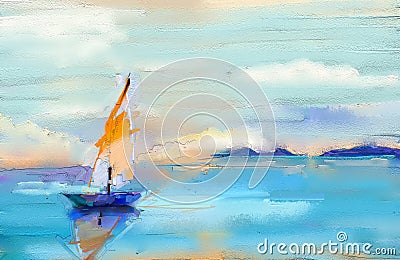 Modern art oil paintings with boat, sail on sea. Abstract contemporary art for background Stock Photo